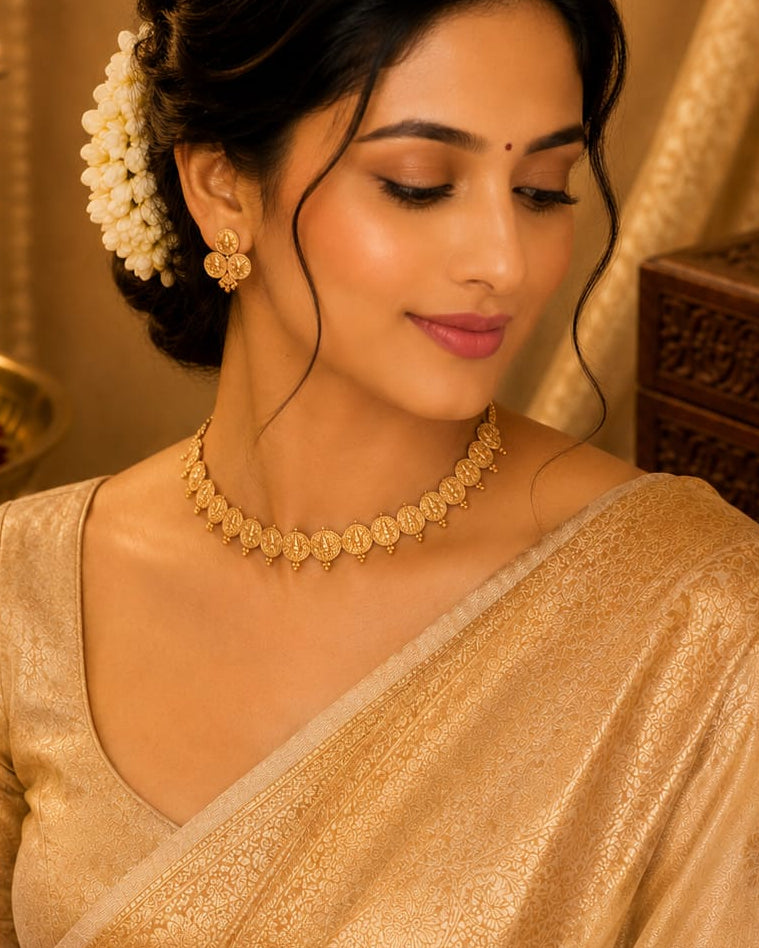 Gold Lakshmi Kasu Coin Choker Necklace Set | LLB0273