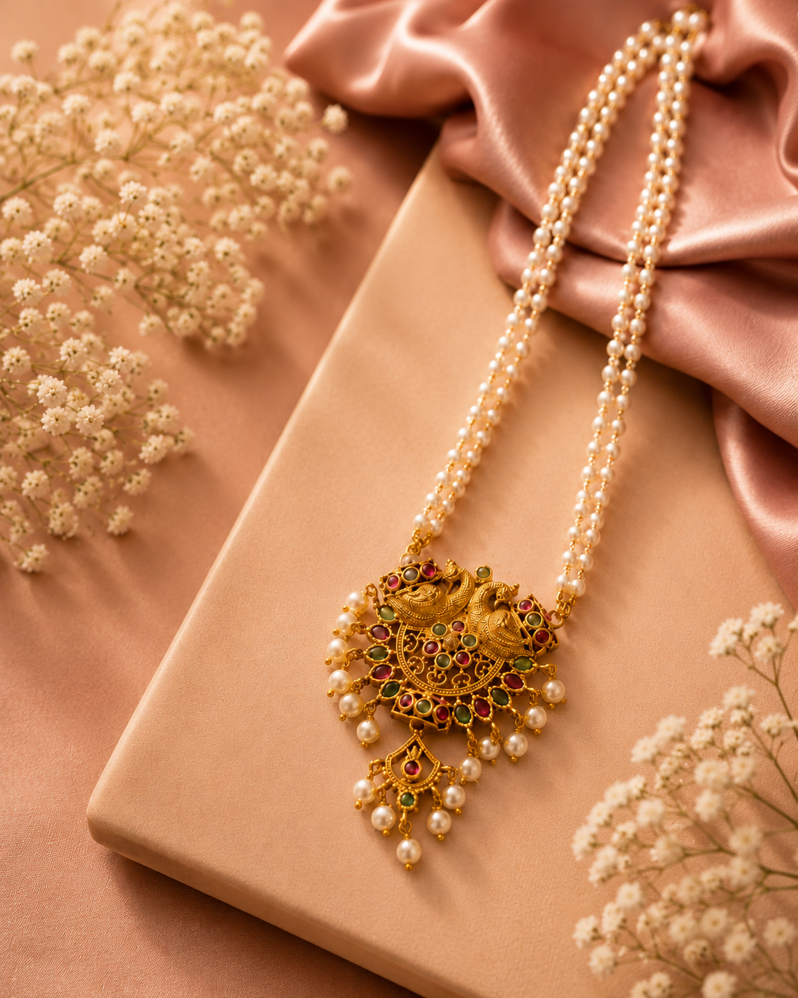 Double Strand Pearl Necklace with Antique Gold Nakshi Double Peacock Pendant | LLB0234