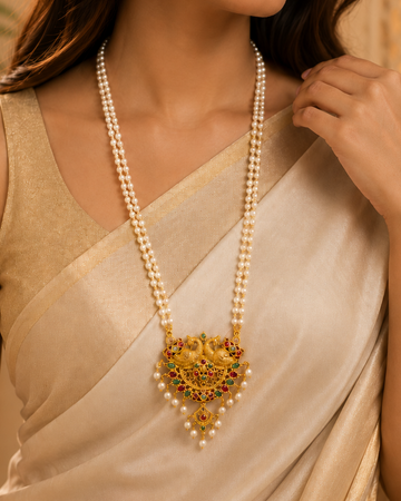 Double Strand Pearl Necklace with Antique Gold Nakshi Double Peacock Pendant | LLB0234