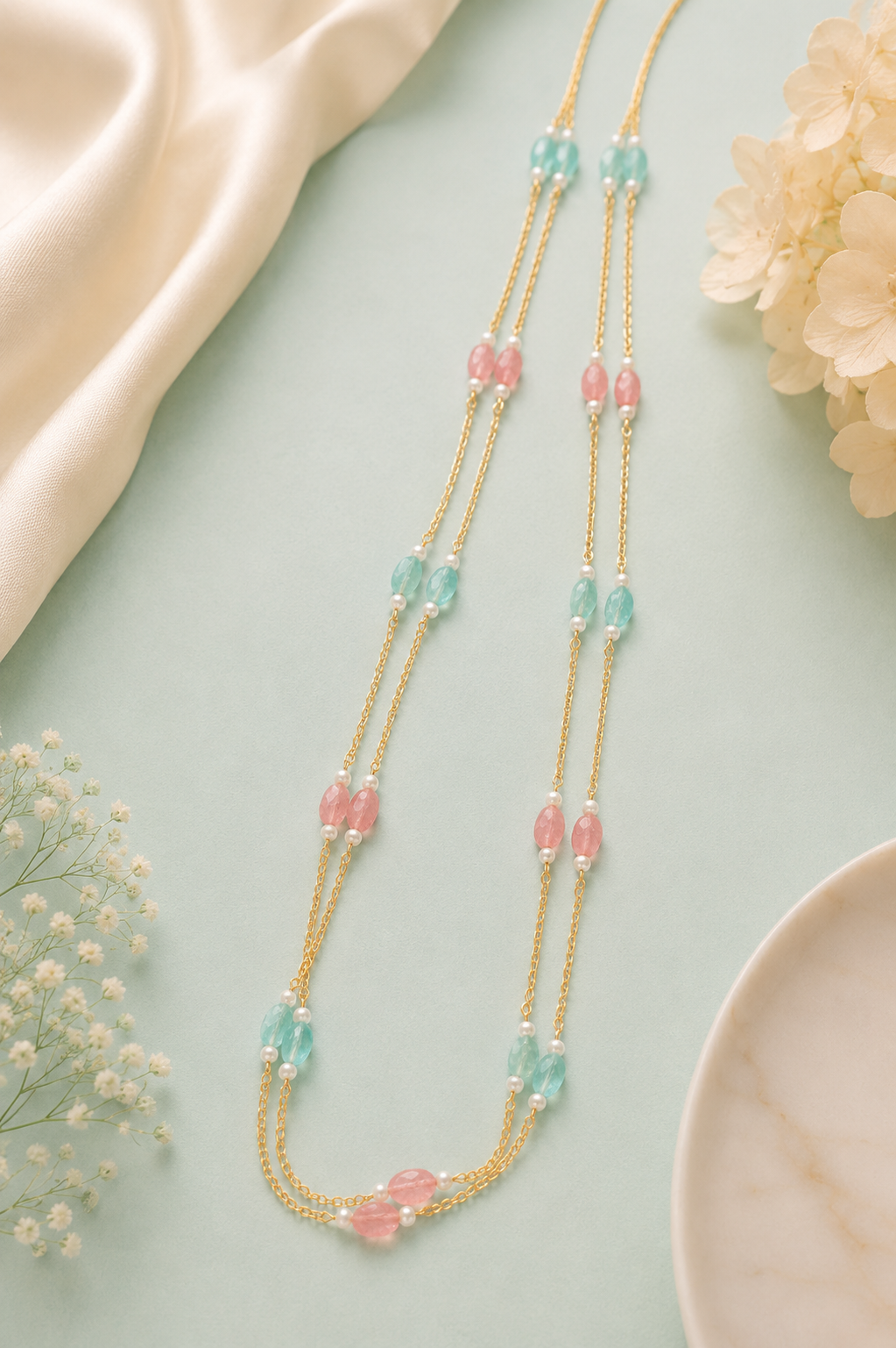 Double Layer Gold Chain Necklace with Pastel Pink & Aqua Blue Beads | LLB0224