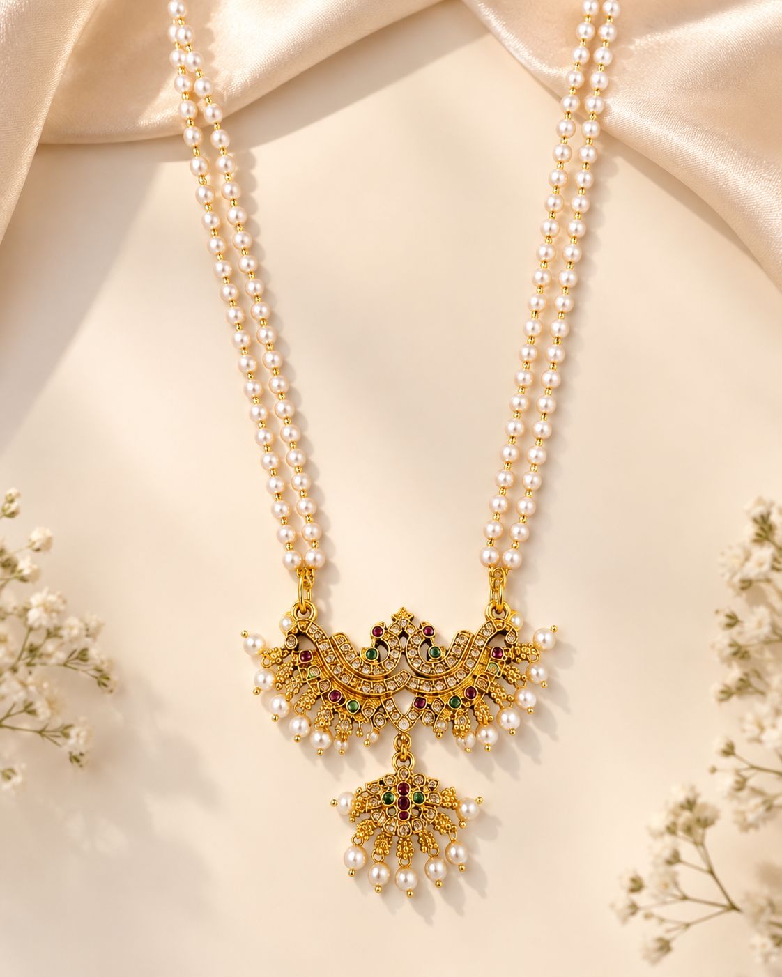 Double Strand Pearl Necklace with Antique Gold Nakshi Peacock Pendant | LLB0229