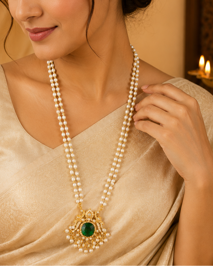Double Strand Pearl Long Necklace with Emerald Green Stone Pendant | LLB0228