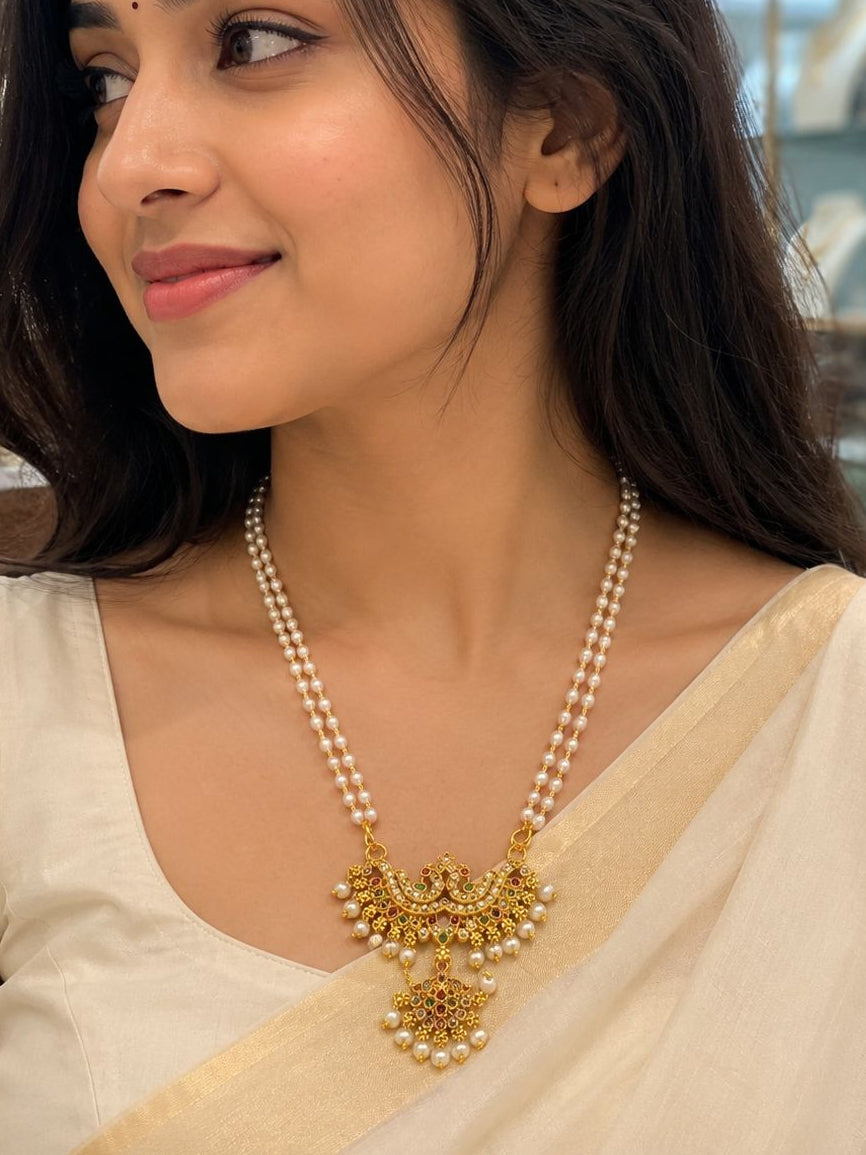 Double Strand Pearl Necklace with Antique Gold Nakshi Peacock Pendant | LLB0229