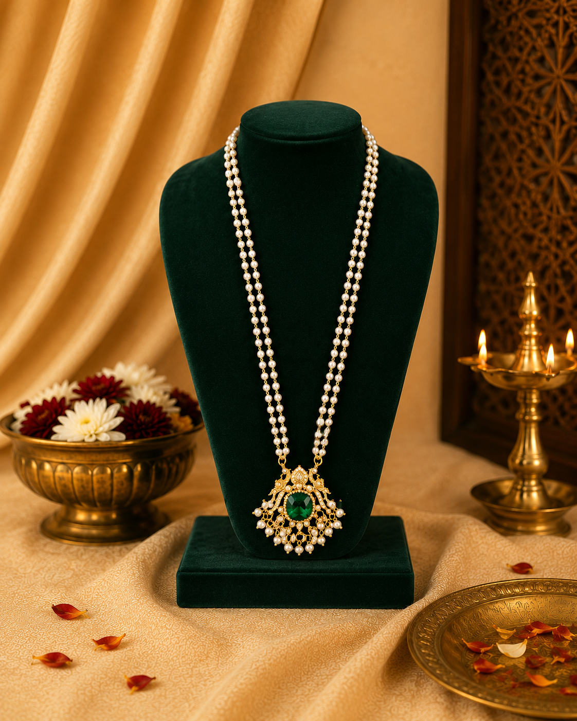 Double Strand Pearl Long Necklace with Emerald Green Stone Pendant | LLB0228