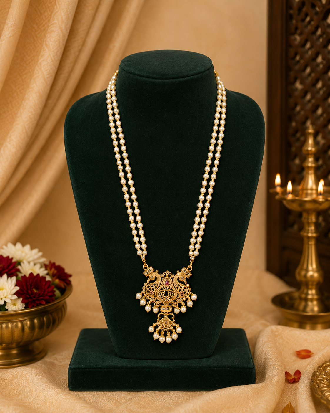 Double Strand White Pearl Long Necklace with Antique Gold Peacock Pendant | LLB0227