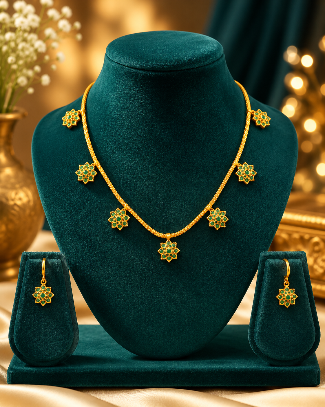 Gold Emerald Kemp Floral Station Necklace Set | OL 43
