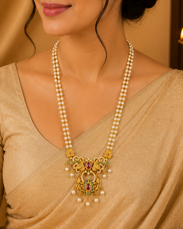 Double Strand Pearl Necklace with Antique Gold Peacock Chandbali Pendant | LLB0231