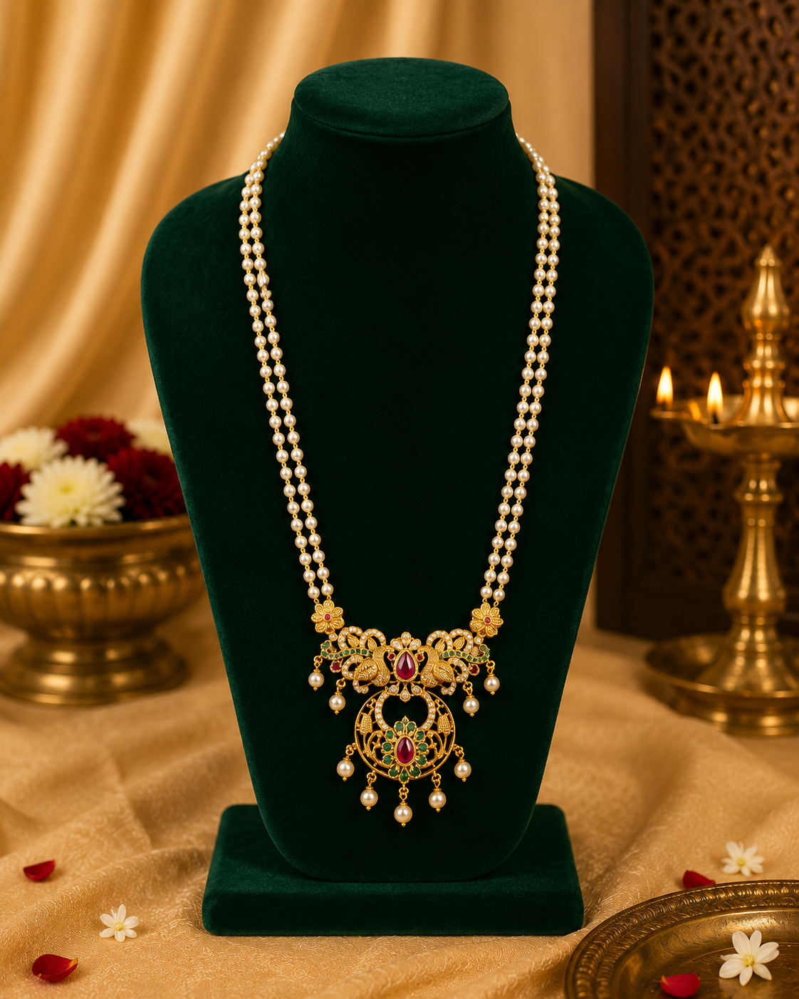 Double Strand Pearl Necklace with Antique Gold Peacock Chandbali Pendant | LLB0231