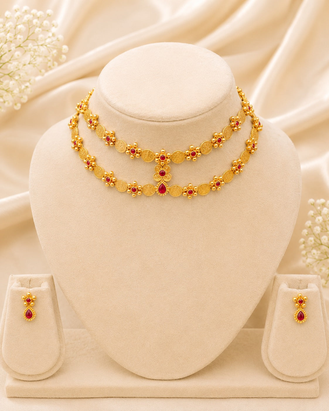 Gold Ruby Red Coin Choker Necklace Set with Matching Drop Earrings | LLB0214