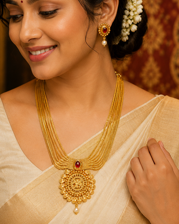 Gold Multi-Strand Snake Chain Necklace Set with Nakshi Pendant | OL 29