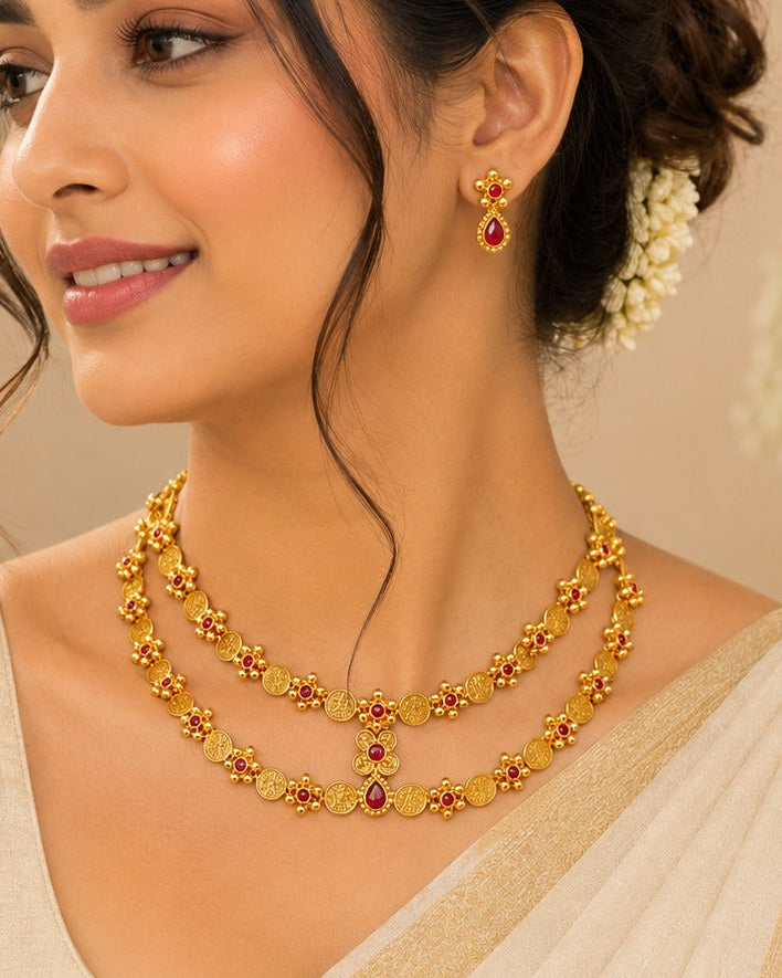 Gold Ruby Red Coin Choker Necklace Set with Matching Drop Earrings | LLB0214