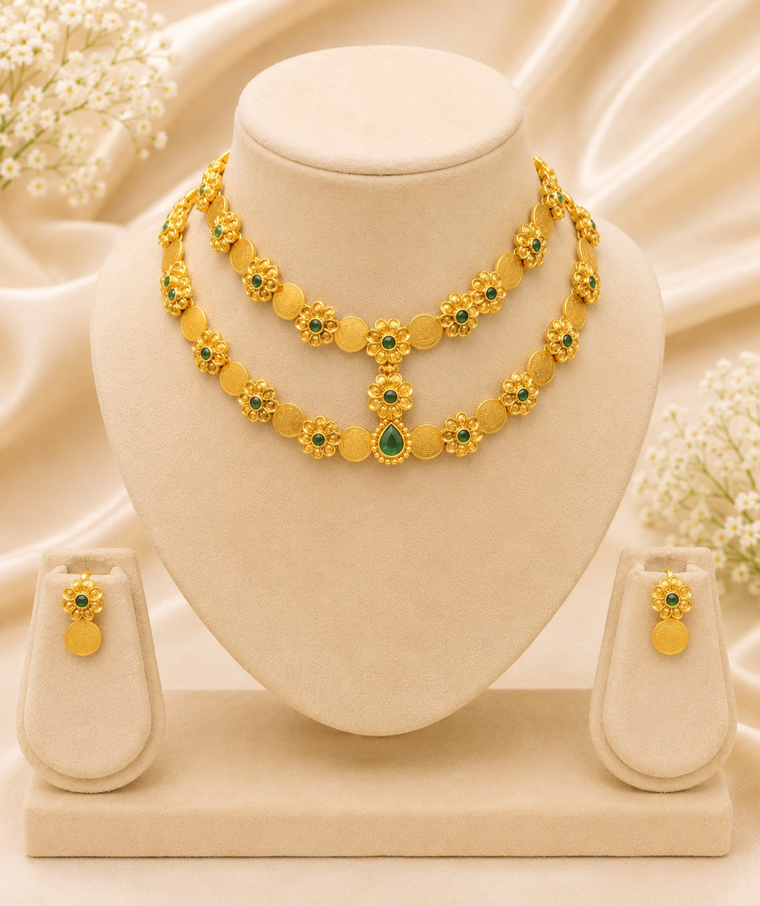 Gold Emerald Green Coin Flower Choker Necklace Set with Earrings | LLB0215