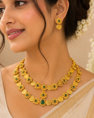 Gold Emerald Green Coin Flower Choker Necklace Set with Earrings | LLB0215