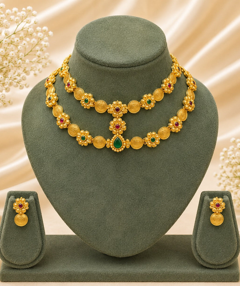 Gold Ruby Emerald Multi-Colour Coin Flower Choker Necklace Set with Earrings | LLB0216