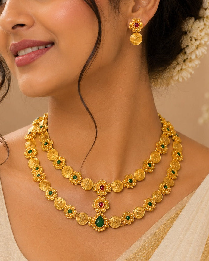 Gold Ruby Emerald Multi-Colour Coin Flower Choker Necklace Set with Earrings | LLB0216