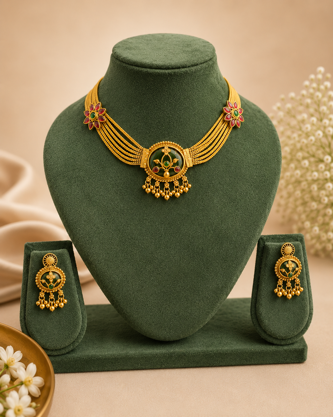 Gold Multi-Strand Beaded Choker with Kemp Lotus Pendant | LLB0238