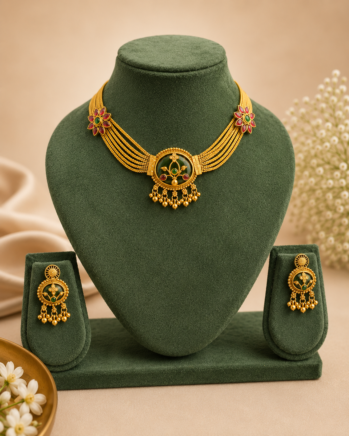 Gold Multi-Strand Beaded Choker with Kemp Lotus Pendant | LLB0238