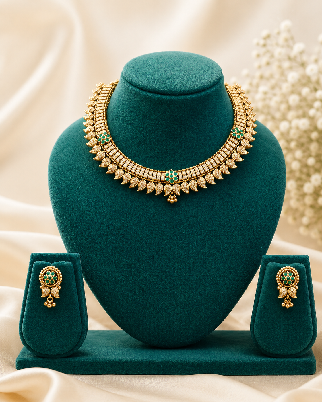 Gold Polki Nakshi Mango Leaf Choker Necklace Set | LLB0277