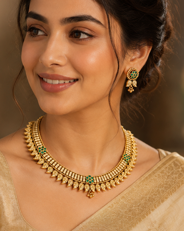 Gold Polki Nakshi Mango Leaf Choker Necklace Set | LLB0277
