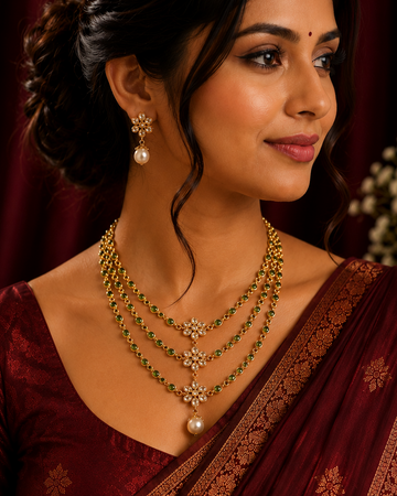 Triple Strand Gold Emerald CZ Necklace Set with Pearl Drop | LLB0264