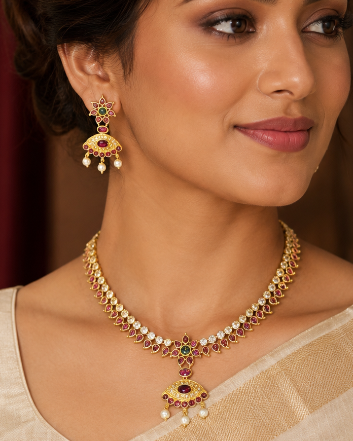 Gold Ruby Emerald Kemp Polki Necklace Set with Pearl Drops | LLB0278