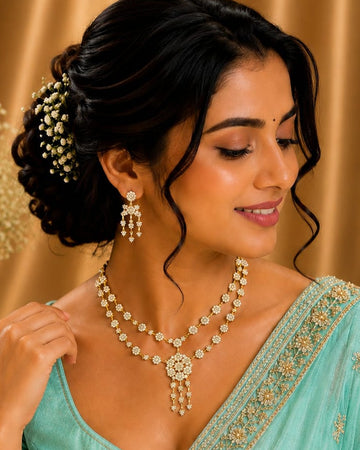 Double Strand Gold CZ Diamond Floral Necklace Set with Tassel Drops | LLB0266
