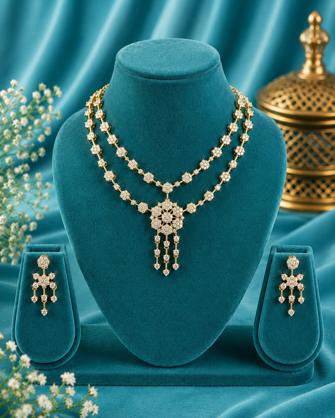 Double Strand Gold CZ Diamond Floral Necklace Set with Tassel Drops | LLB0266