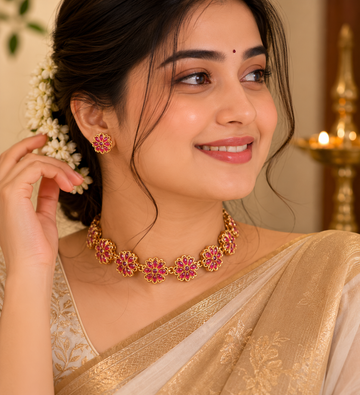 Gold Ruby Kemp Floral Choker Necklace Set | LLB0276