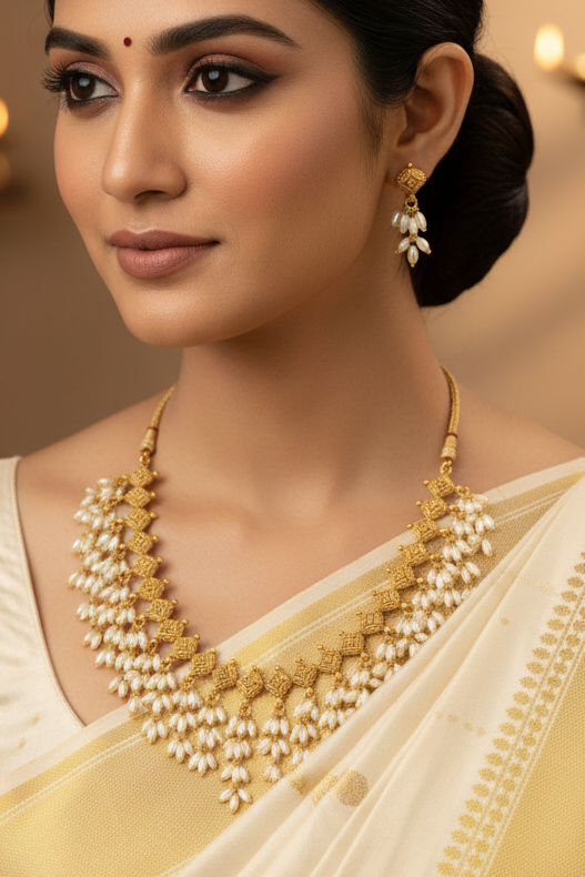 Antique Gold White Rice Pearl Drop Choker Necklace Set with Earrings | LLB0219
