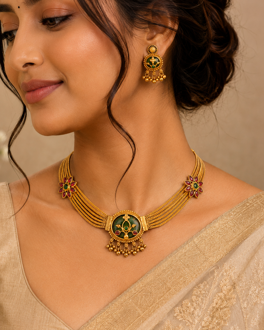 Gold Multi-Strand Beaded Choker with Kemp Lotus Pendant | LLB0238