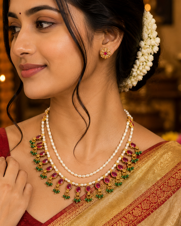 Double Strand Pearl Necklace with Ruby Kemp Stones & Emerald Drops | LLB0239