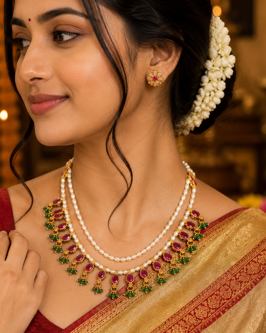 Double Strand Pearl Necklace with Ruby Kemp Stones & Emerald Drops | LLB0239