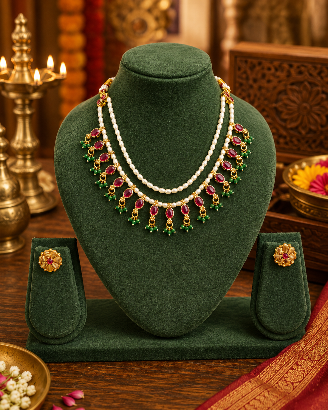 Double Strand Pearl Necklace with Ruby Kemp Stones & Emerald Drops | LLB0239