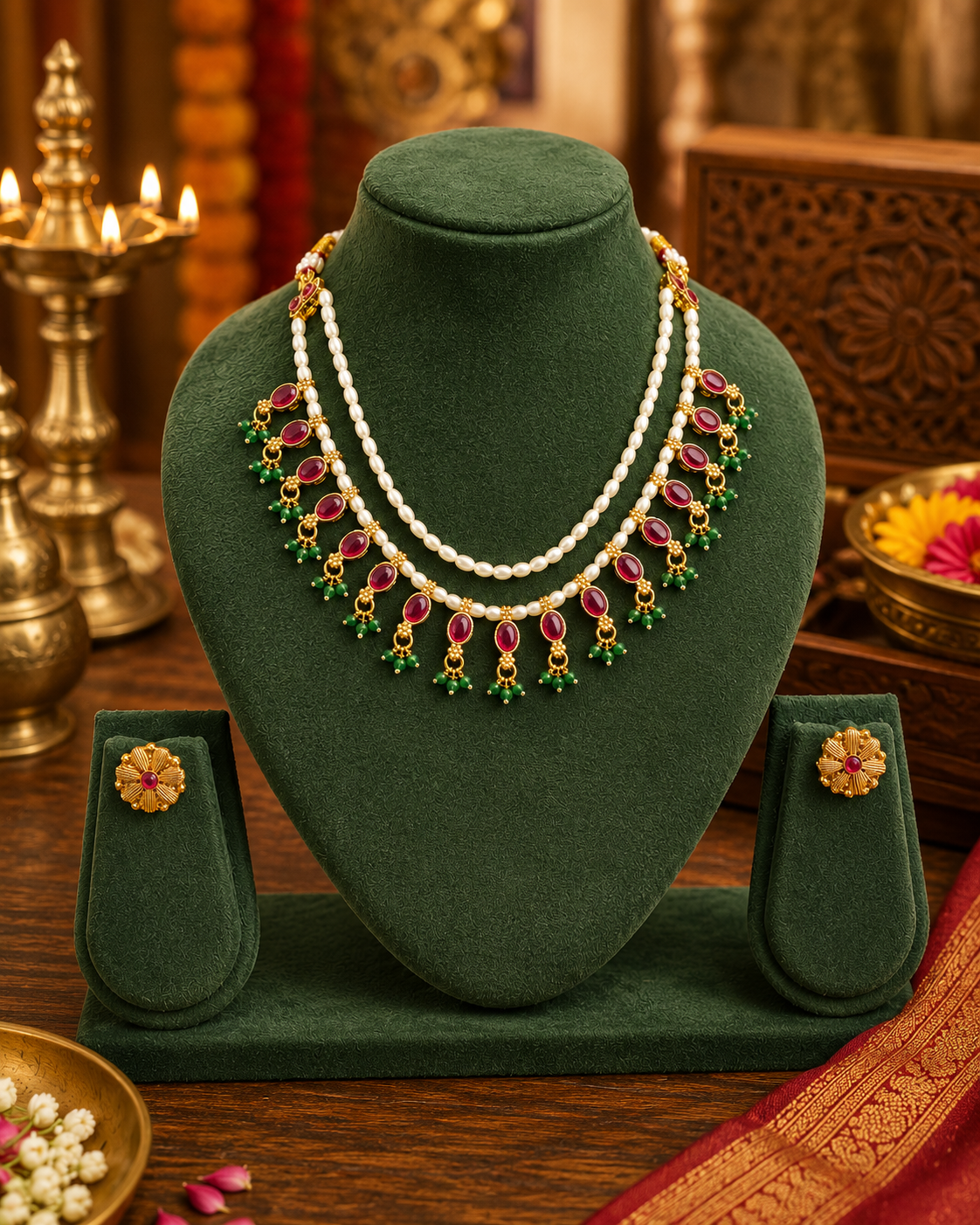 Double Strand Pearl Necklace with Ruby Kemp Stones & Emerald Drops | LLB0239