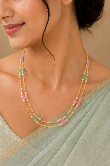 Double Layer Gold Chain Necklace with Pastel Pink & Aqua Blue Beads | LLB0224
