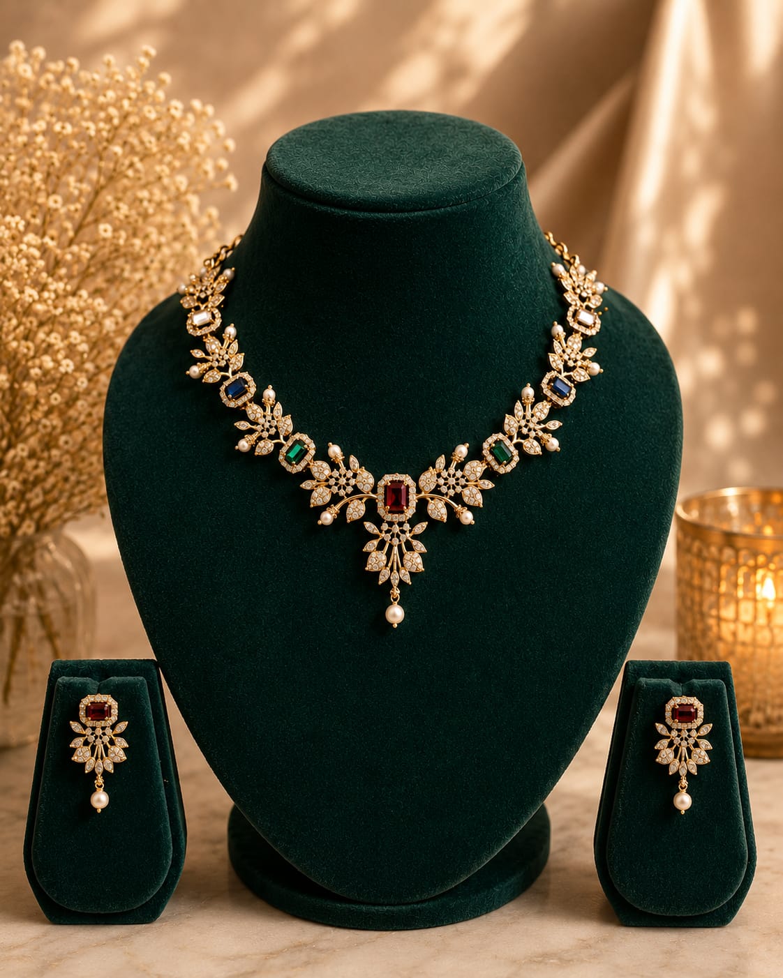 Gold CZ Diamond Floral Leaf Necklace Set with Multicolour Stones | LLB0260