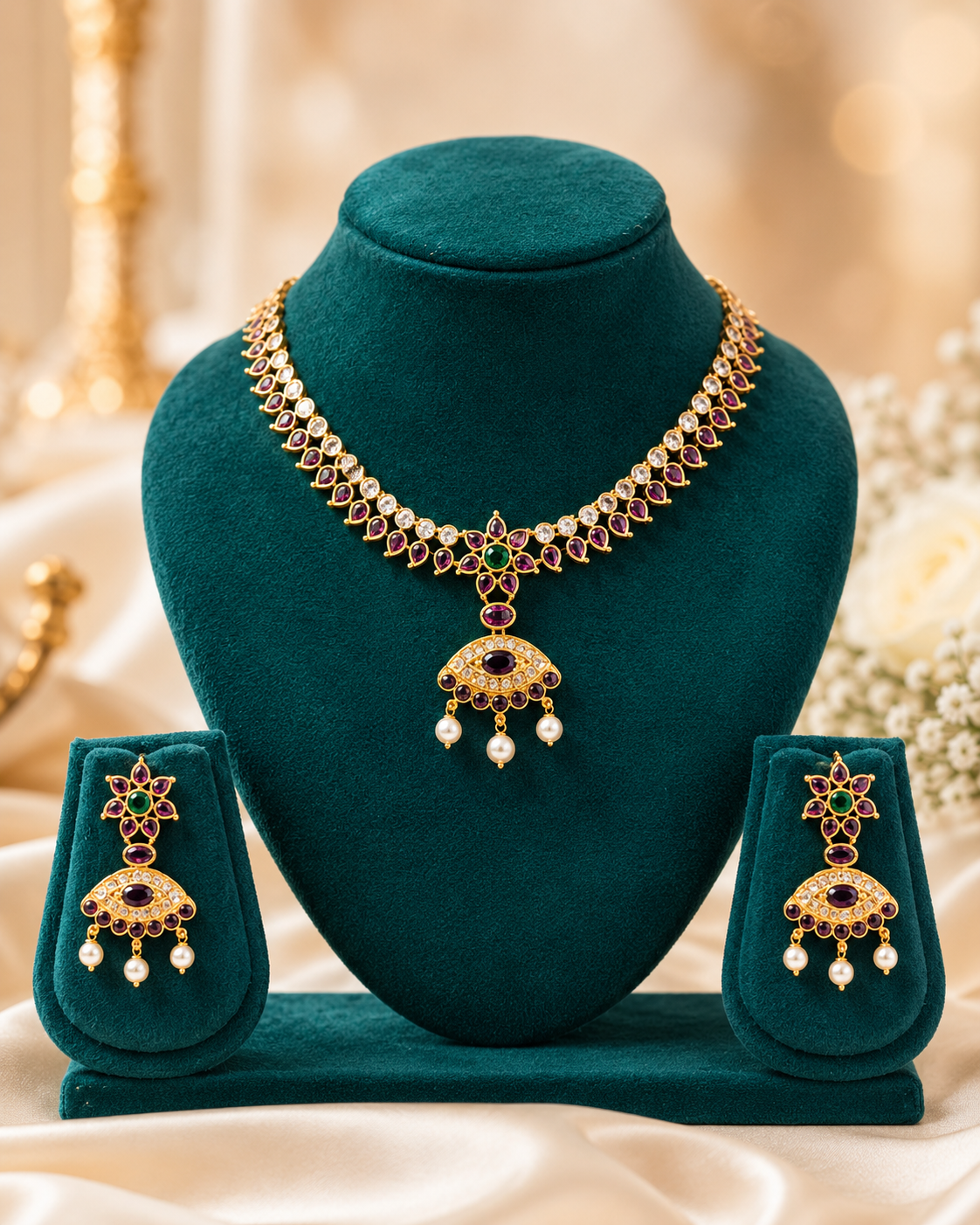 Gold Ruby Emerald Kemp Polki Necklace Set with Pearl Drops | LLB0278