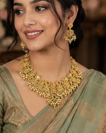 Gold Nakshi Lakshmi Temple Necklace Set with Kemp Stones | LLB0240