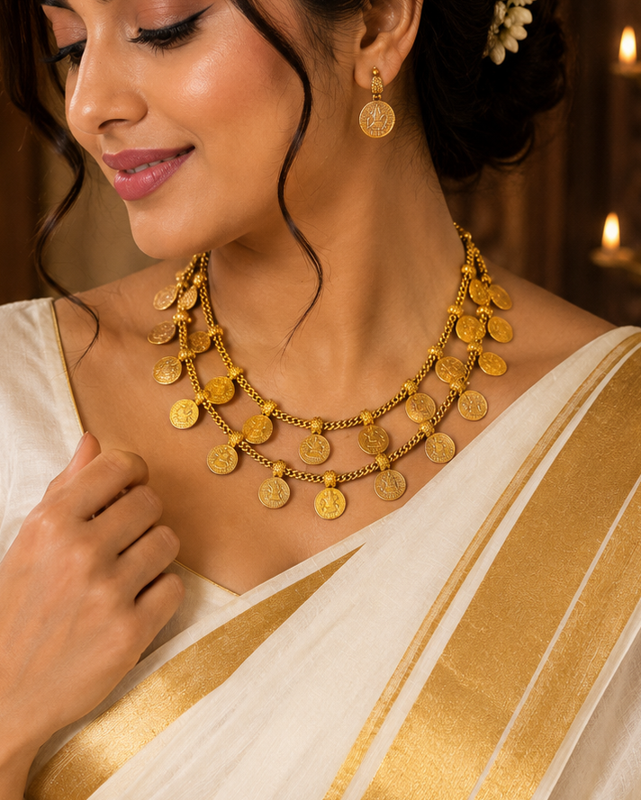 Gold Double Layer Kasu Coin Necklace Set | LLB0244