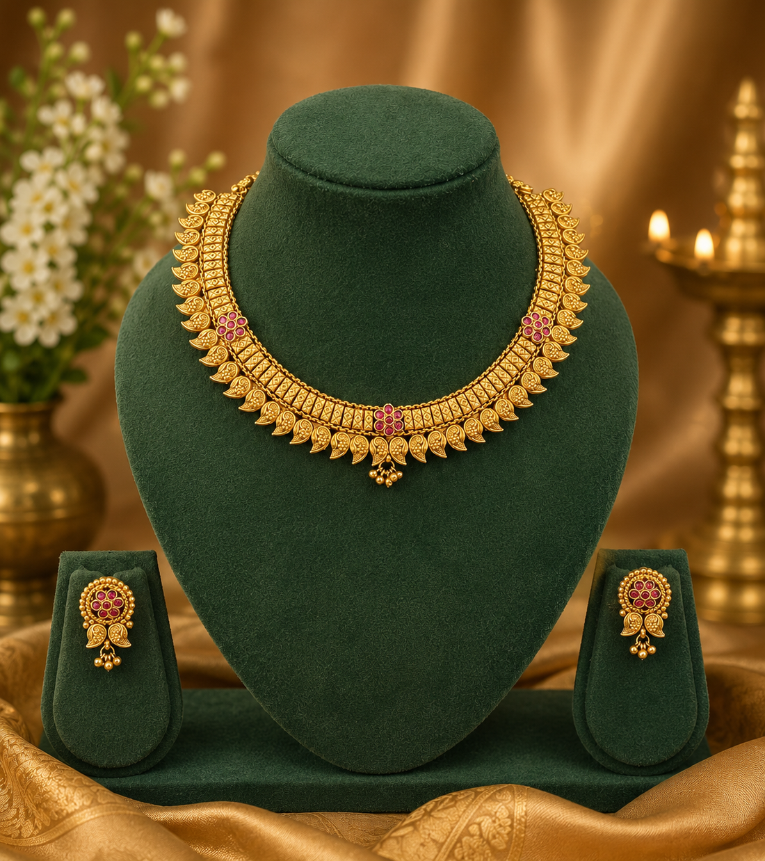 Gold Mango Paisley Choker Necklace Set with Ruby Kemp Stones | LLB0245
