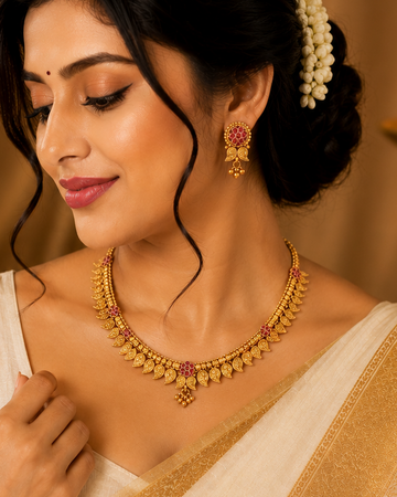 Gold Mango Paisley Choker Necklace Set with Ruby Kemp Stones | LLB0245
