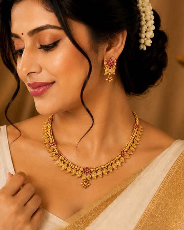 Gold Mango Paisley Choker Necklace Set with Ruby Kemp Stones | LLB0245