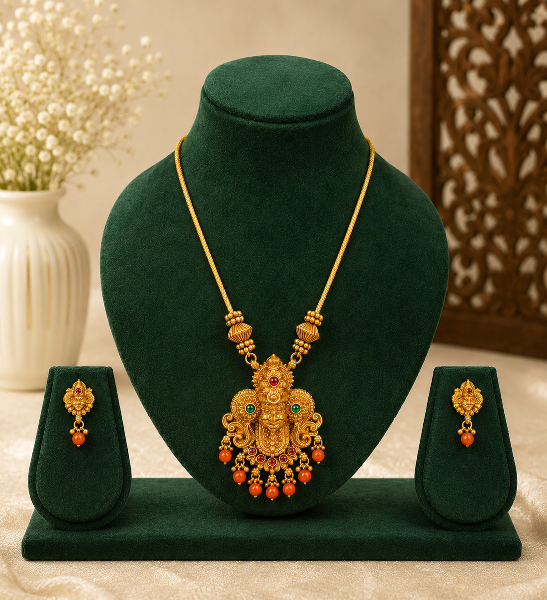 Gold Nakshi Lakshmi Temple Pendant Necklace with Coral Drops | LLB0246