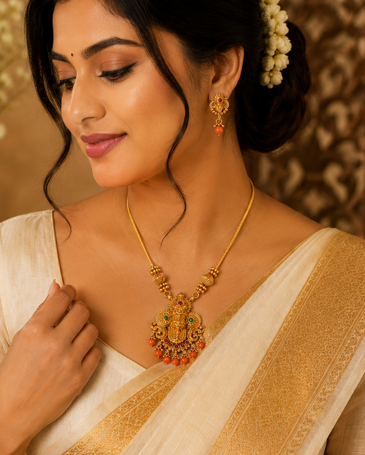 Gold Nakshi Lakshmi Temple Pendant Necklace with Coral Drops | LLB0246
