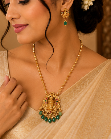 Gold Lakshmi Temple Pendant Necklace with Jade Green Drops | LLB247