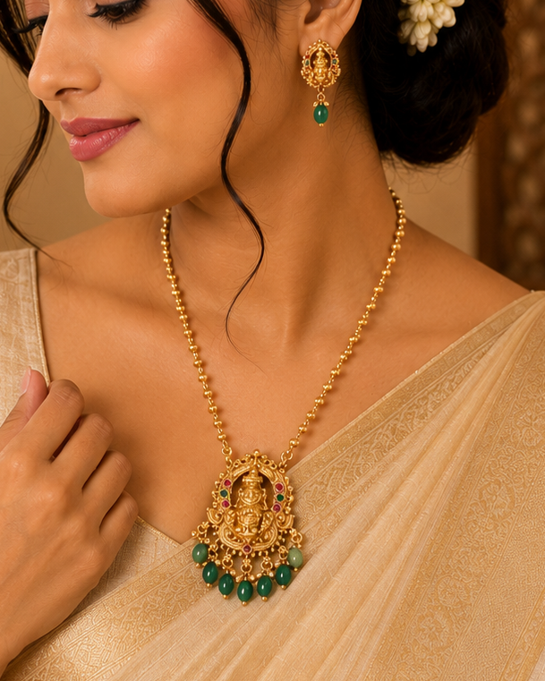 Gold Lakshmi Temple Pendant Necklace with Jade Green Drops | LLB247