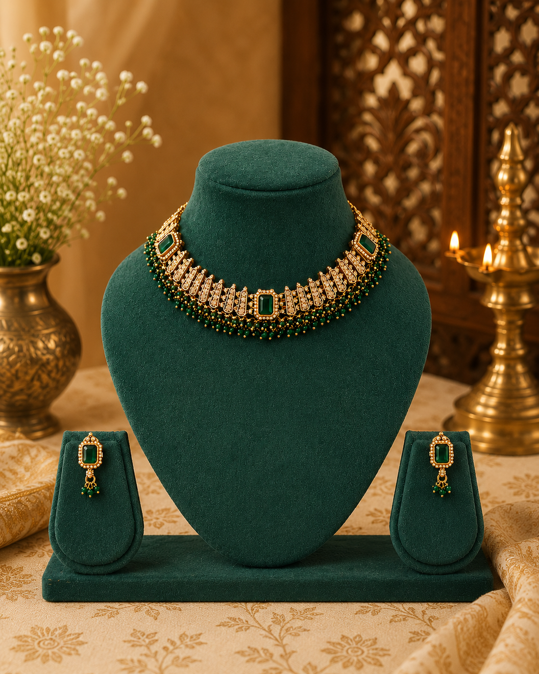 Gold Polki Emerald Stone Choker Necklace Set with Bead Fringe | LLB0248