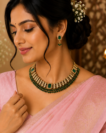 Gold Polki Emerald Stone Choker Necklace Set with Bead Fringe | LLB0248