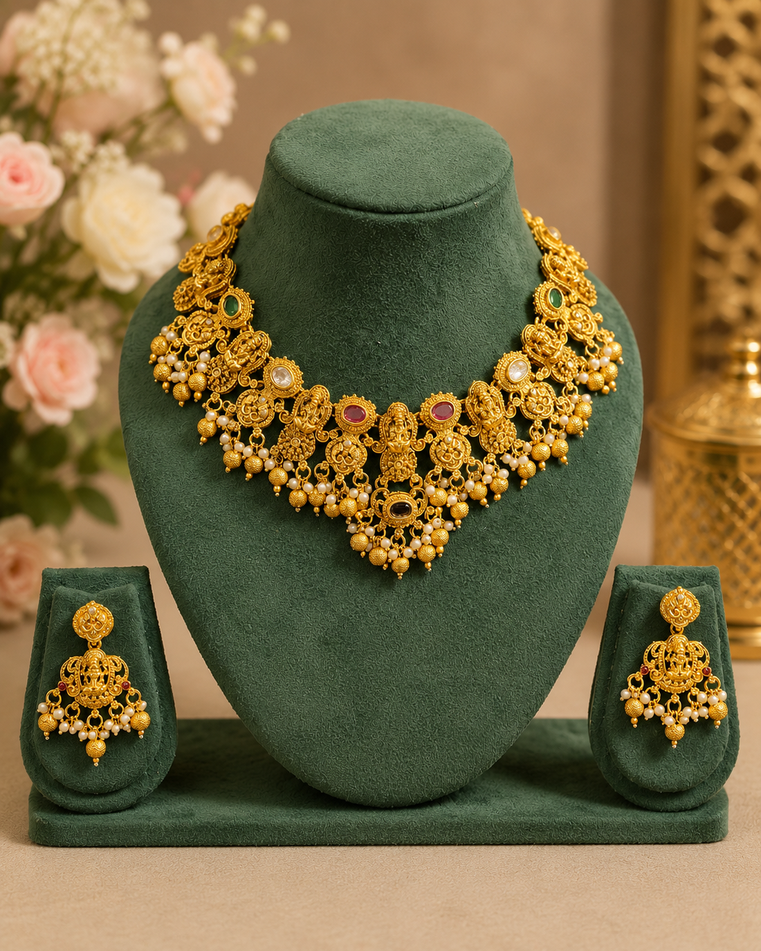 Gold Nakshi Lakshmi Temple Necklace Set with Kemp Stones | LLB0240