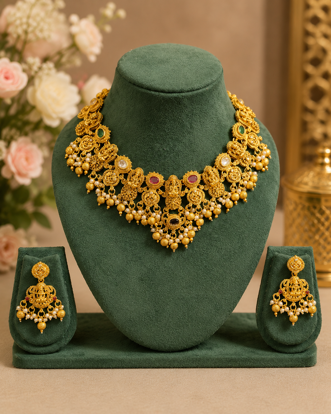 Gold Nakshi Lakshmi Temple Necklace Set with Kemp Stones | LLB0240